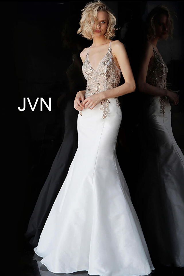 Off White Floral Appliques V Neck Mermaid Prom Dress JVN66071