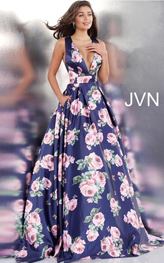 JVN66938 Navy Floral Print Low V Neck Pleated Skirt Prom Gown