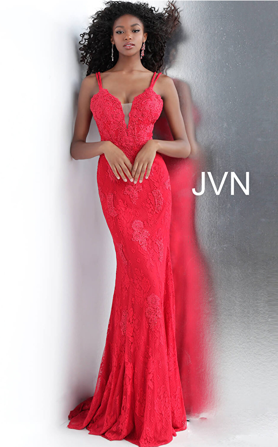 JVN66971 Red Fitted Plunging Neckline Lace Prom Dress 