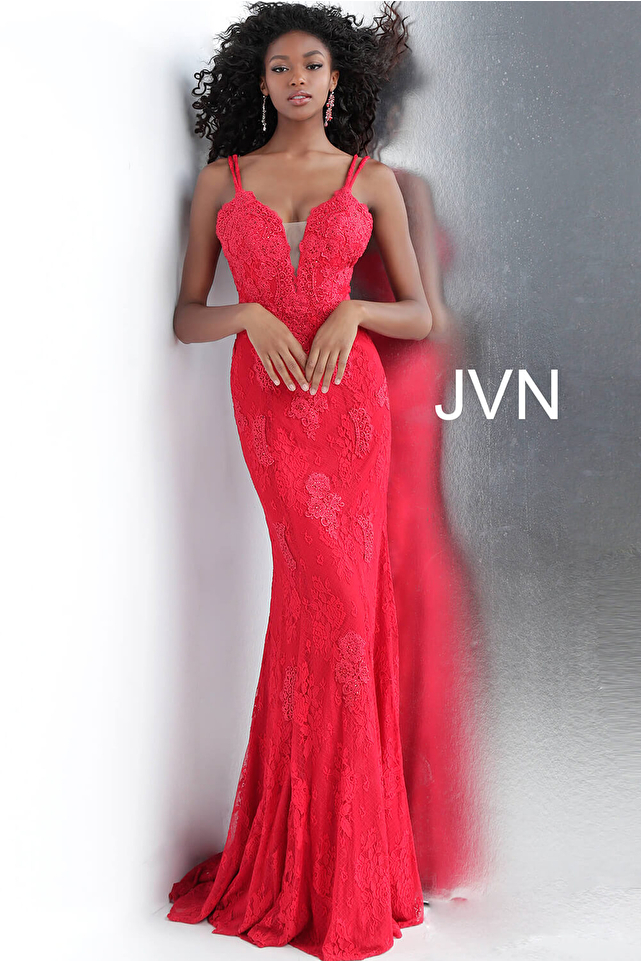 JVN66971 Red Fitted Plunging Neckline Lace Prom Dress 