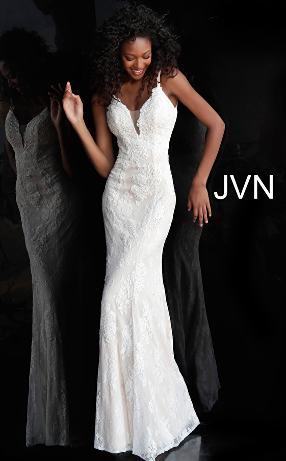 JVN66971 Ivory Fitted Lace Plunging Neckline Bridesmaid Dress
