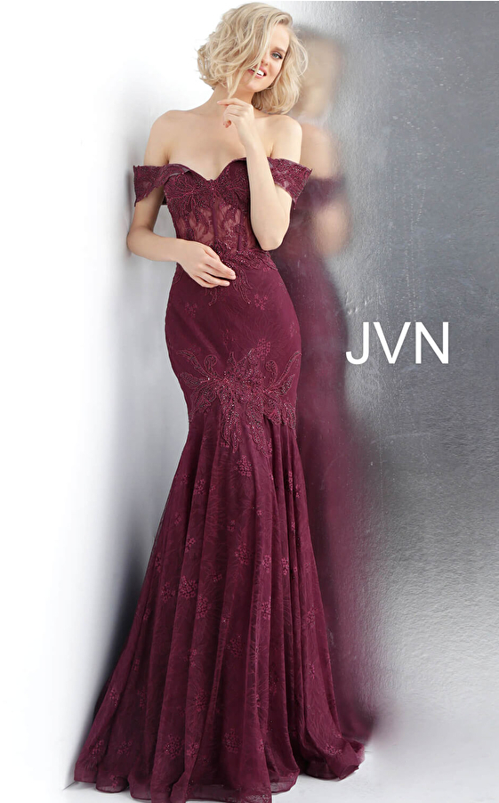 JVN66981 Bordeaux Off the Shoulder Sweetheart Neck Prom Dress 