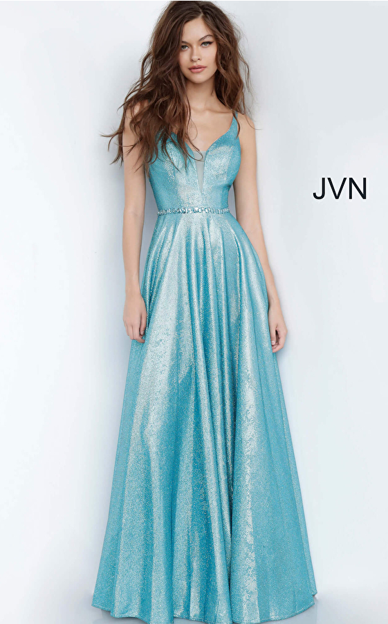 JVN67050 Peacock Plunging Neckline Embellished Belt Prom Dress