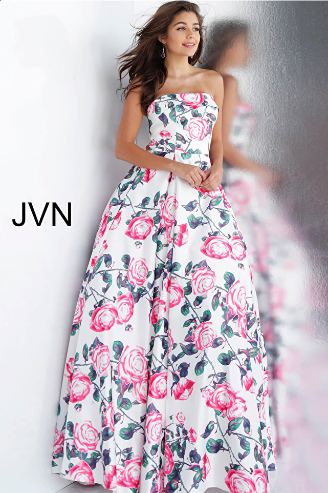 White Floral Print Strapless Pleated Skirt Prom Ballgown JVN67131