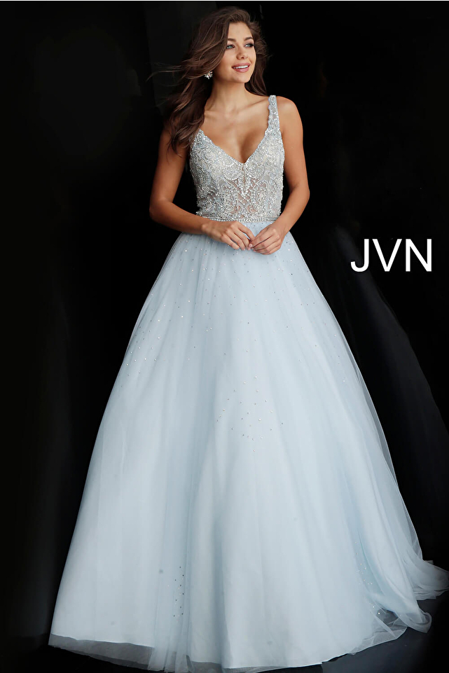 Pale Blue Plunging Neckline Sleeveless Prom Ballgown JVN67134