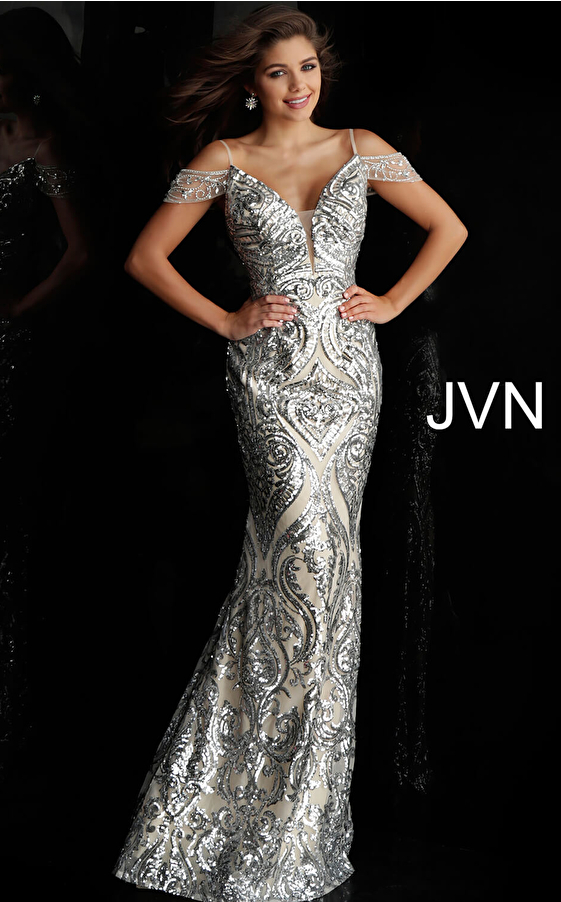 JVN67256 Silver Nude Off the Shoulder Plunging Neck Prom Dress 