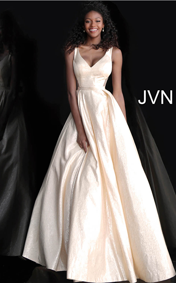 JVN67880 Gold V Neck Sleeveless A Line Prom Gown