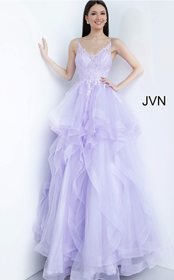 JVN68128 Lilac Embellished Bodice V Neck Prom Ballgown
