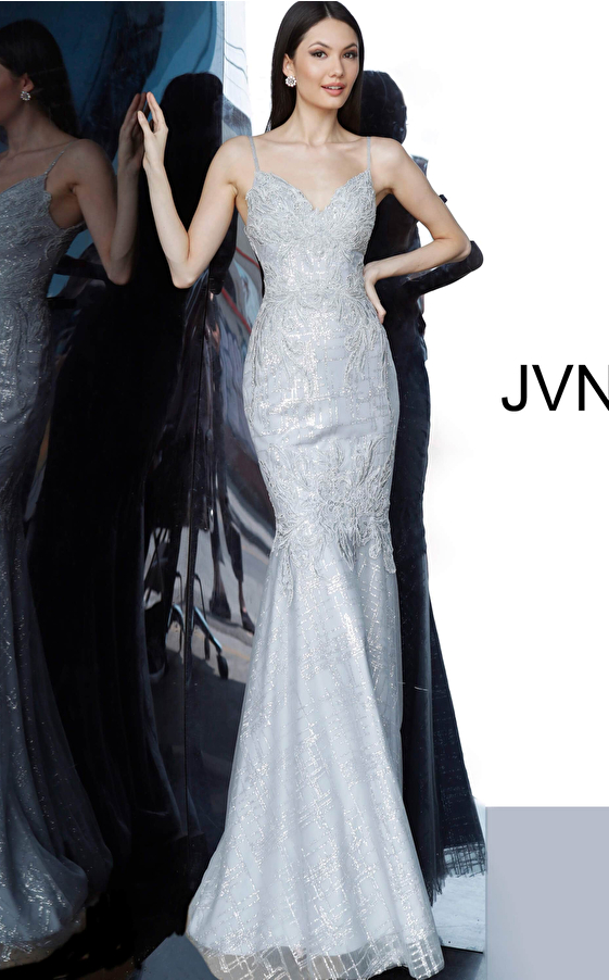 JVN68134 Silver Spaghetti Straps Embroidered Prom Dress 