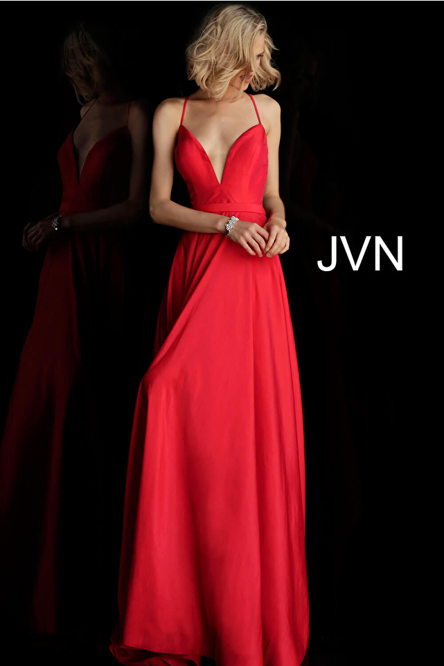  JVN68321 Red Plunging Neckline Spaghetti Straps Prom Dress