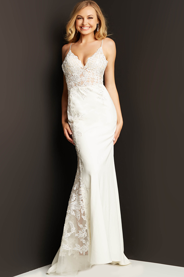 JVN07386 Off White Fitted V Neck Long Prom Dress