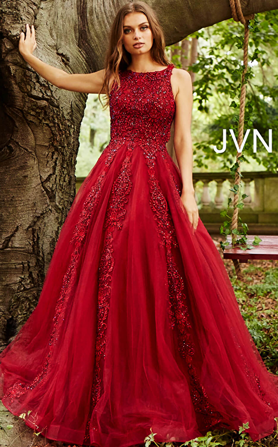 JVN59046 Burgundy Embellished Sleeveless Tulle Prom Ballgown 