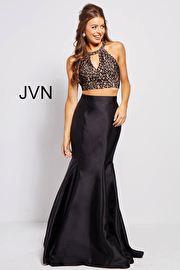 Black long fitted two piece lace high neck top mermaid prom dress.