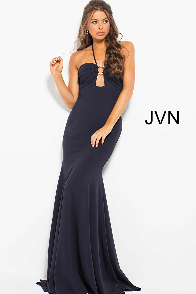 Navy Halter Neck Fitted Backless Prom Dress JVN54889