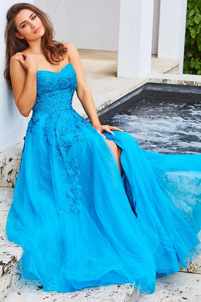 JVN05811 Turquoise High Slit Strapless Prom Gown