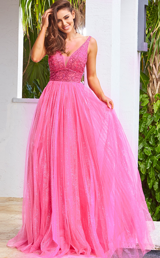 JVN05818 Fuchsia Tulle Skirt Sleeveless Prom Gown