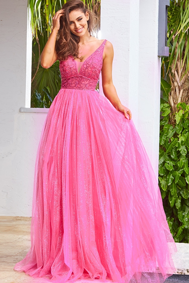 JVN05818 Fuchsia Tulle Skirt Sleeveless Prom Gown