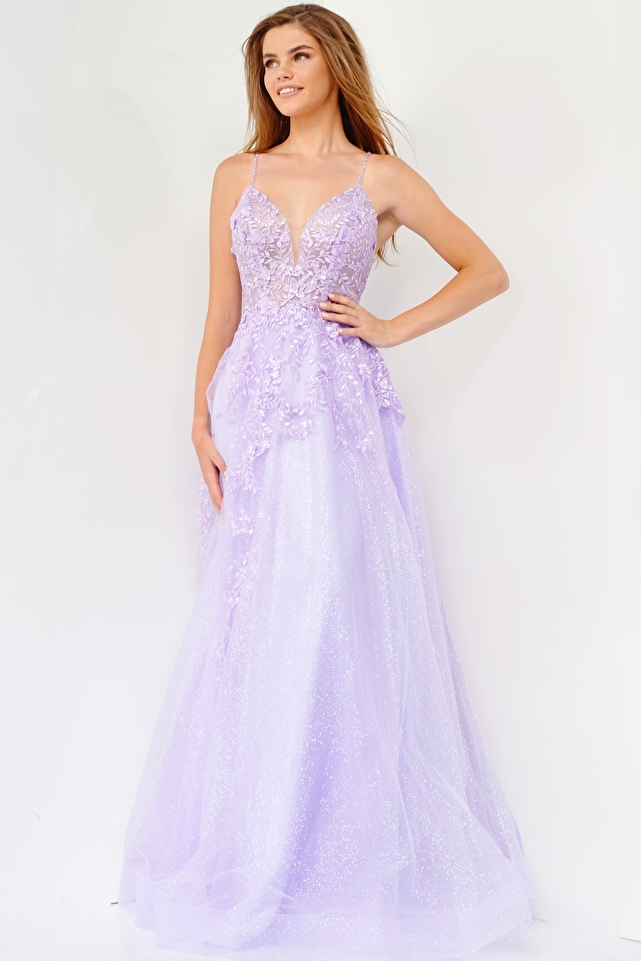 JVN02266 Lilac Embroidered Spaghetti Strap Prom Dress