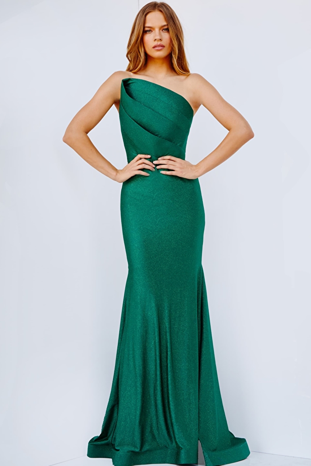 JVN230973 Emerald Fitted one Shoulder Prom Dress