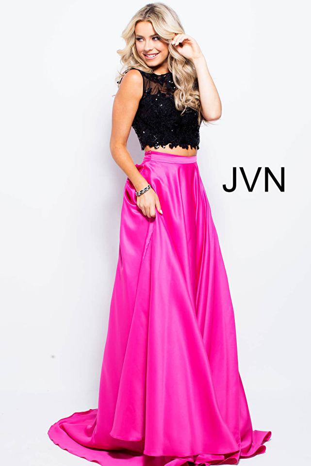 Fuchsia Black Two Piece Open Back Prom Gown JVN50658
