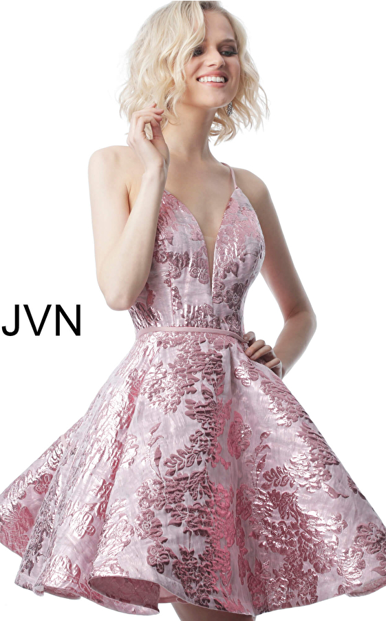 JVN00564 Rose Fit and Flare Plunging Neck Homecoming Dress 