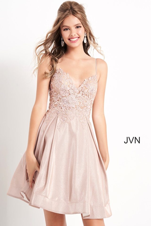 JVN04010 Nude Fit and Flare Embroidered Homecoming Dress