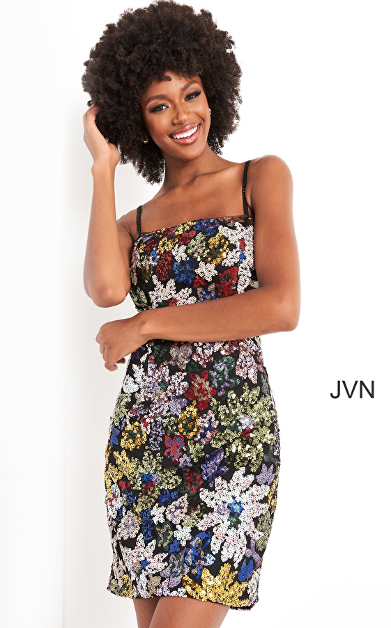 JVN04552 Multi Sequin Embellished Short Dress