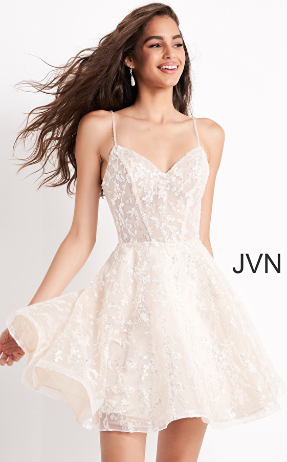 JVN04574 Ivory Fit and Flare Spaghetti Strap Cocktail Dress