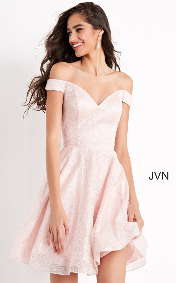 JVN04639 Pink Off the Shoulder Homecoming Dress