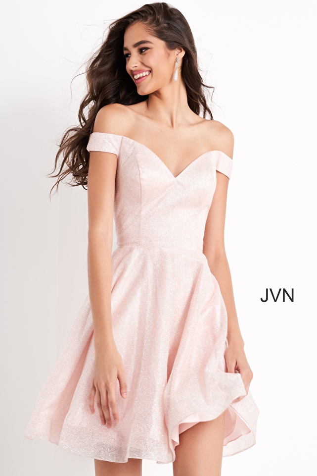 JVN04639 Pink Off the Shoulder Homecoming Dress