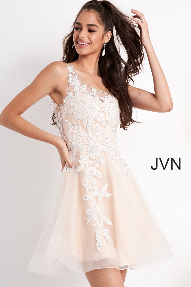 JVN04705 Off White One Shoulder Homecoming Dress