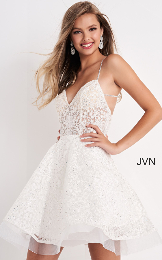 JVN04709 Off White Embroidered Fit and Flare Short Dress