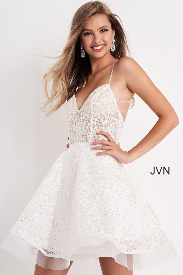 JVN04709 Off White Embroidered Fit and Flare Short Dress