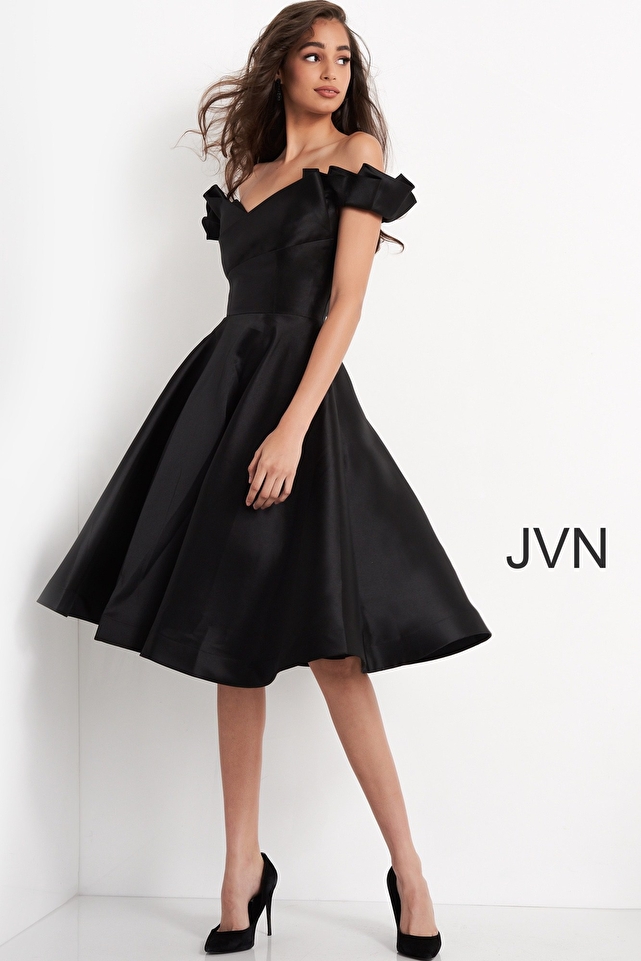 JVN04718 Black Fit and Flare Mikado Cocktail Dress