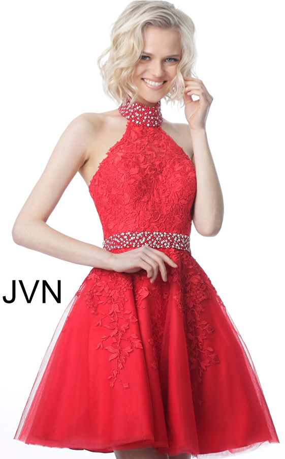 JVN1099 Red High Halter Neck Lace Sleeveless Homecoming Dress 