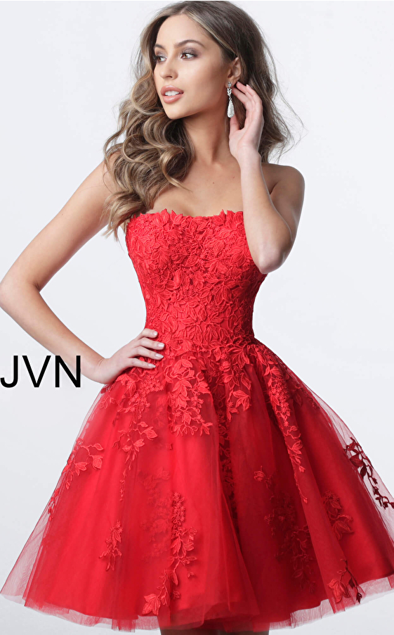 JVN1830 Red Fit and Flare Strapless Lace Homecoming Dress 