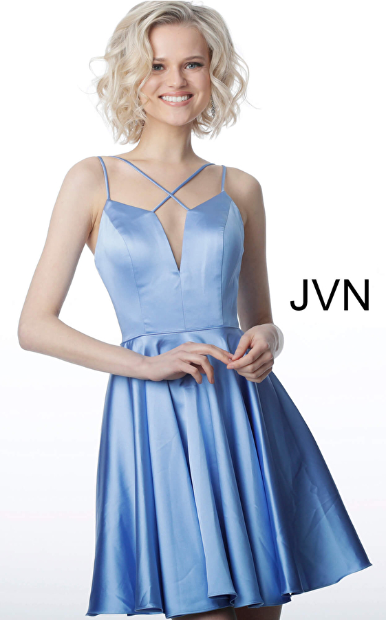 JVN2276 Perriwinkle Fit and Flare Sleeveless Satin Cocktail Dress 