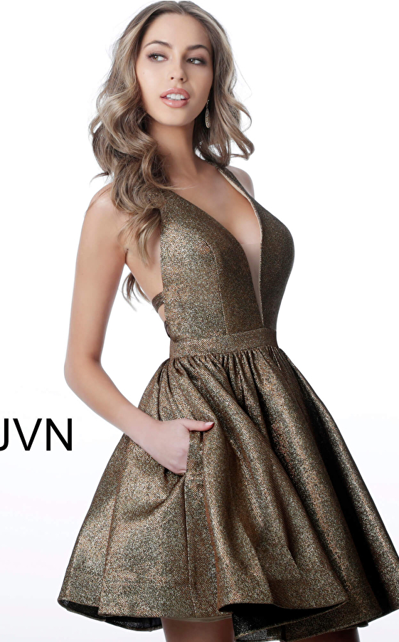 JVN2364 Bronze Plunging Neckline Fit and Flare Cocktail Dress 