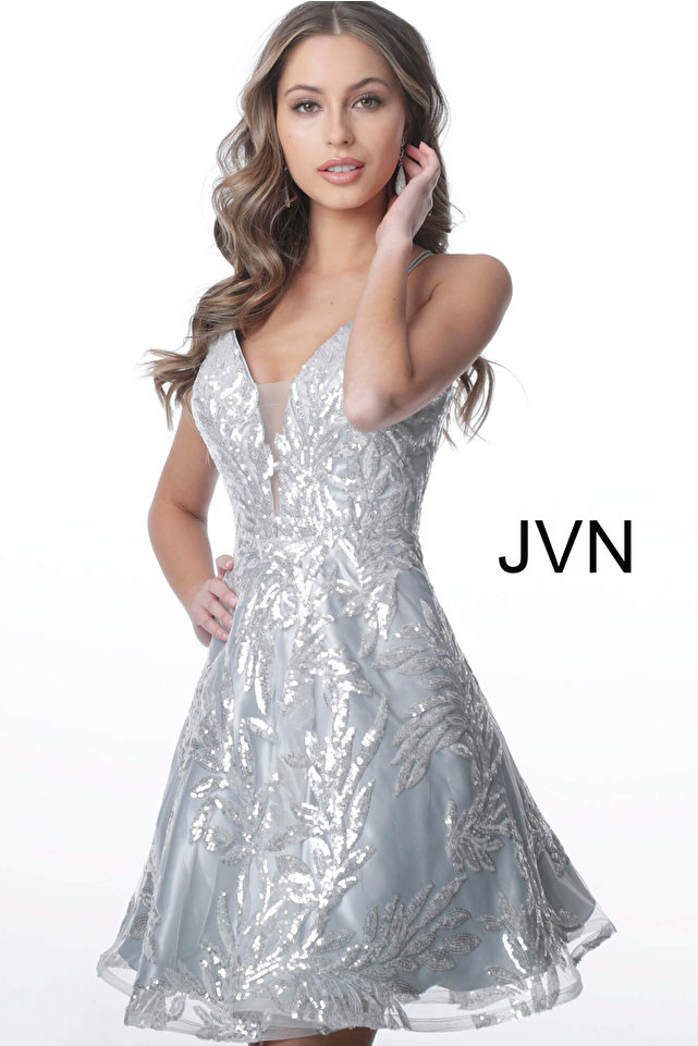 JVN2451 Silver Plunging Neckline Tie Back Homecoming Dress 