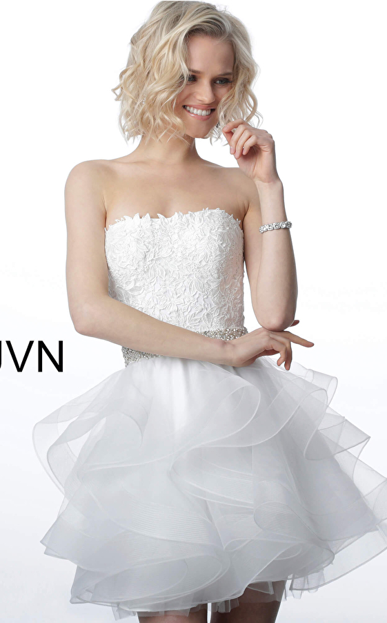 JVN3099 Off White Embellished Belt Strapless Short Dress 