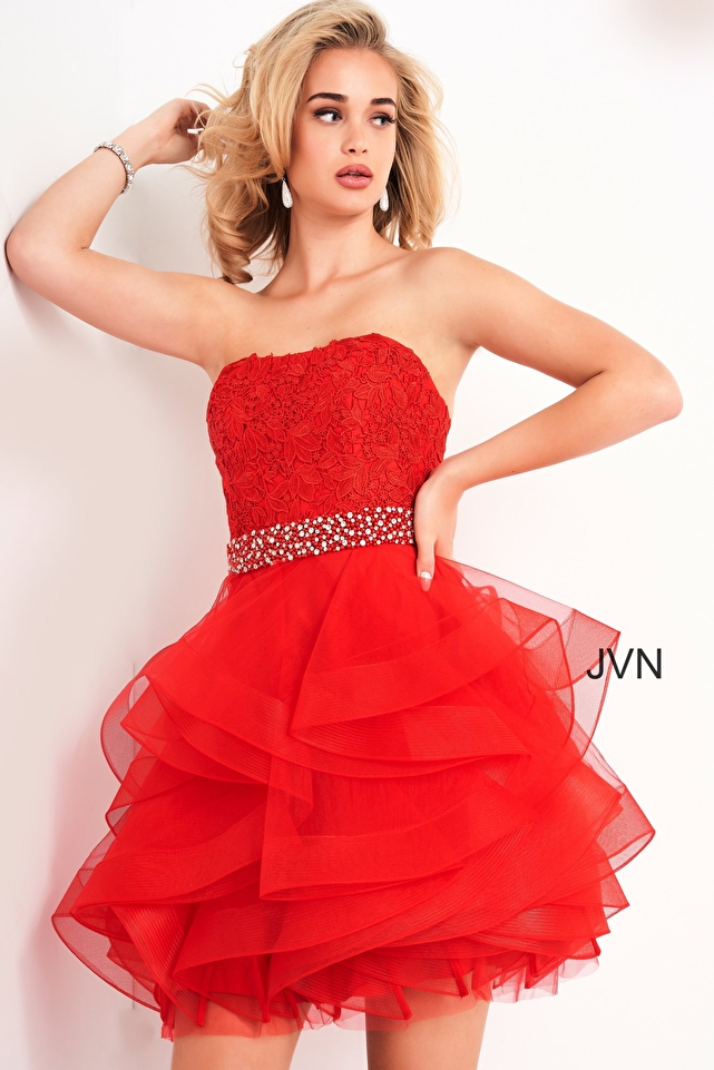 JVN3099 Dress | Off white short fit and flare lace strapless cocktail dress
