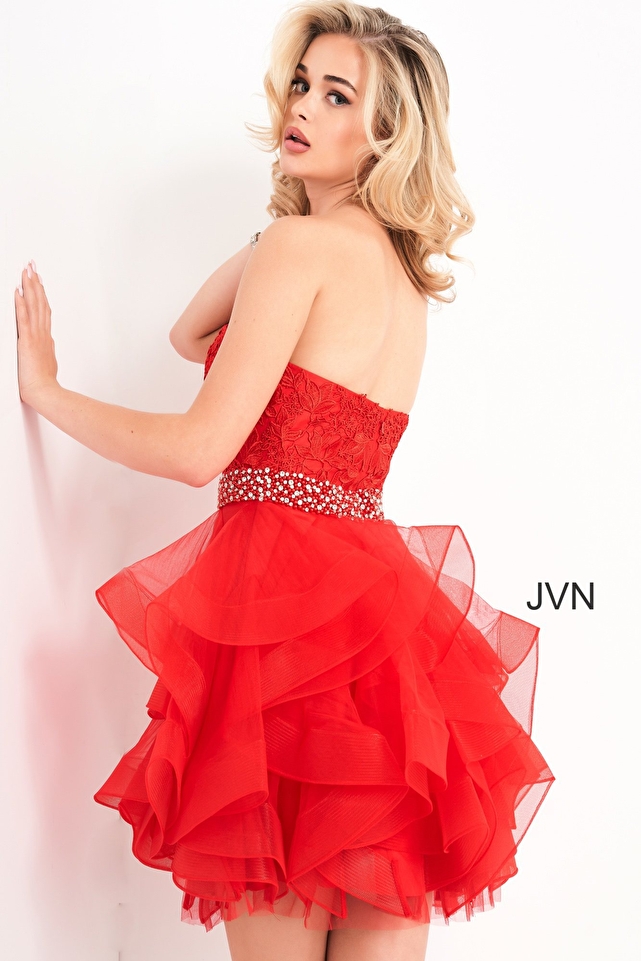 JVN3099 Dress | Off white short fit and flare lace strapless cocktail dress