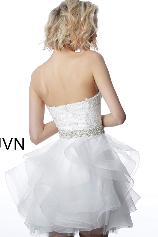 JVN3099 Off White Embellished Belt Strapless Short Dress 