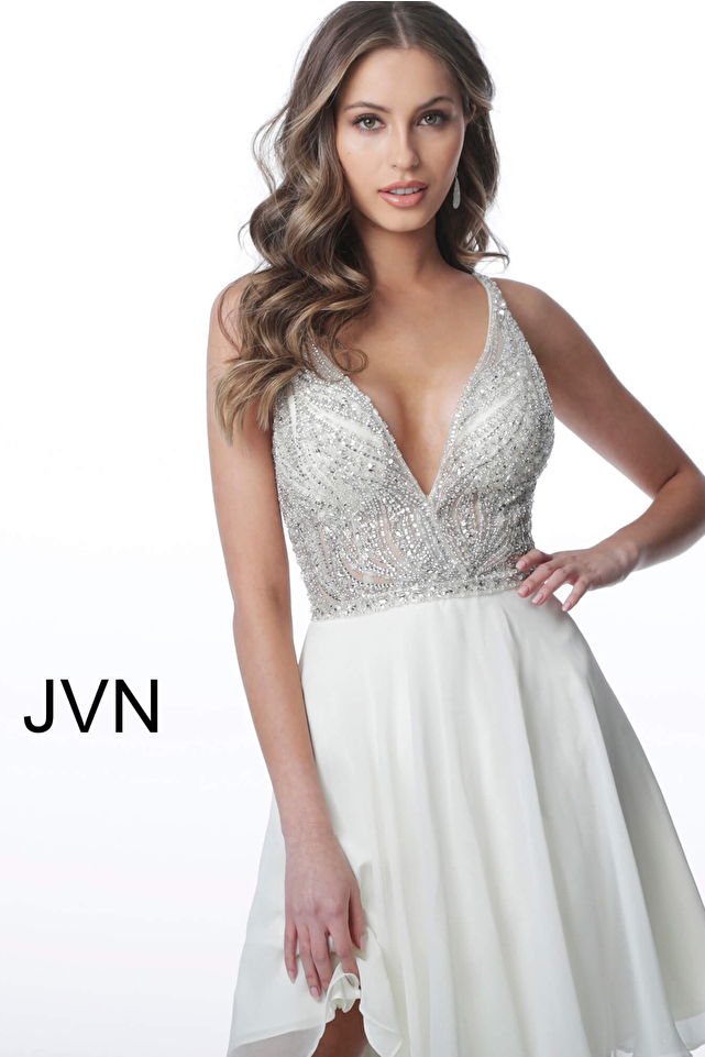 JVN4278 Ivory Embellished Bodice Low V Neck Homecoming Dress 
