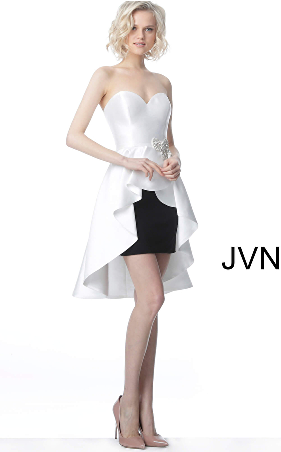 JVN4362 White Black Strapless Peplum Skirt Homecoming Dress 