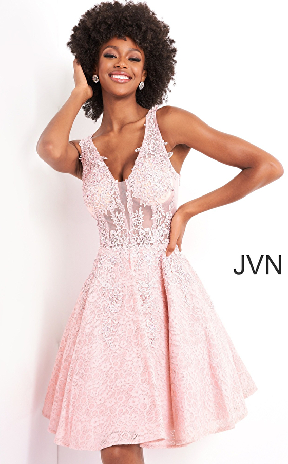 JVN45264 Pink Fit and Flare Embellished Low V-Neck Short Dress 