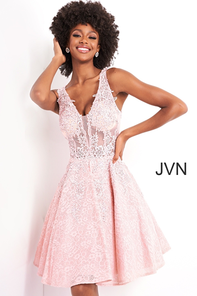 JVN45264 Pink Fit and Flare Embellished Low V-Neck Short Dress 