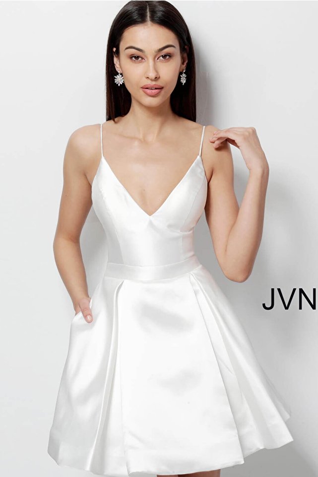 JVN47315 White Fit and Flare Open Back Homecoming Dress 