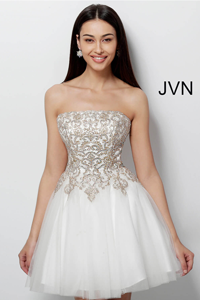 JVN63635 Off White Gold Fit and Flare Embroidered Homecoming Dress 
