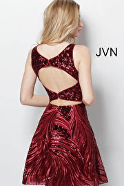 JVN65805 Dress | Burgundy short fit and flare beaded party dress